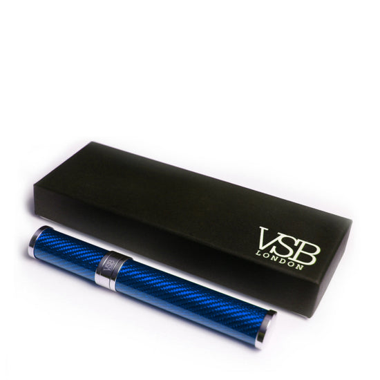 VSB London carbon fibre and stainless steel cigar tube in blue with gift box